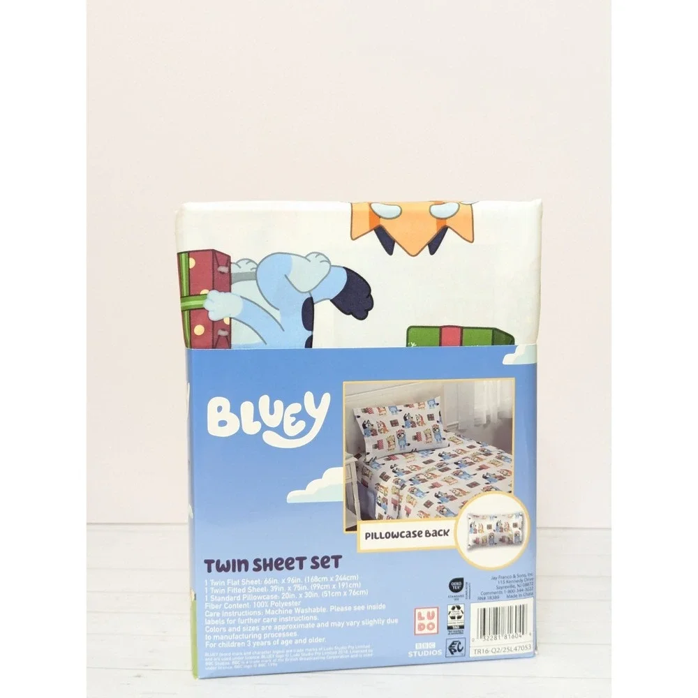 BLUEY BINGO Holiday Gift Print Twin Bed Sheet Set: Flat, Fitted, Pillow Case NEW